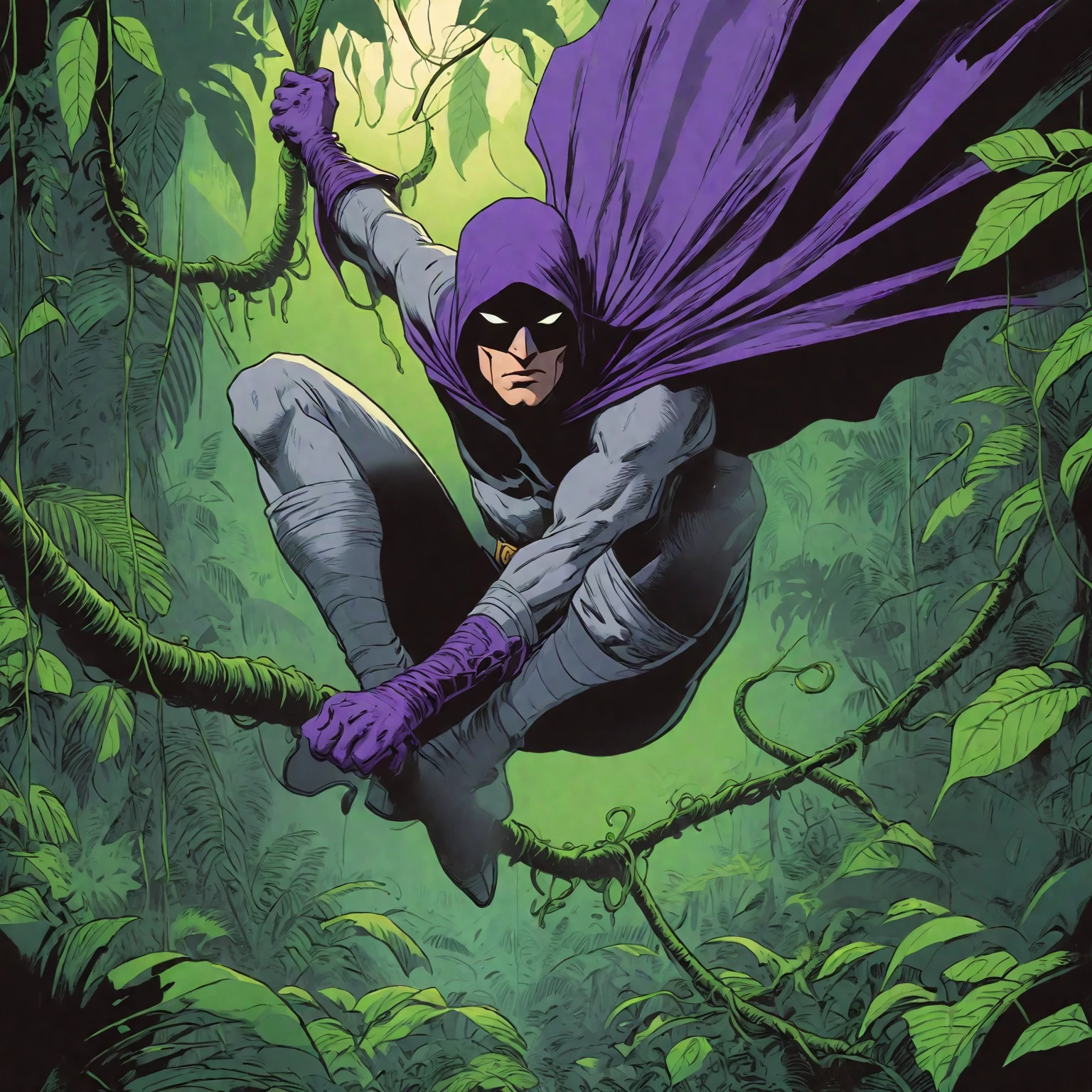 subliminal movement, soaring, caprice, subtle cape fabric flow, punchy, gritty, noir, sean gordon murphy style splash page, action shot, Kit Walker as The Phantom, swinging vine through the jungle, on an adventure, sense of movement, bold lines, expressive, sketch style, 1990s comic, phantom in light purple outfit, lush green foliage jungle coloring, 1990s comic hues, mid movement, candid, cinematic, rich color grading for shading depth, wearing distinct black half eye mask