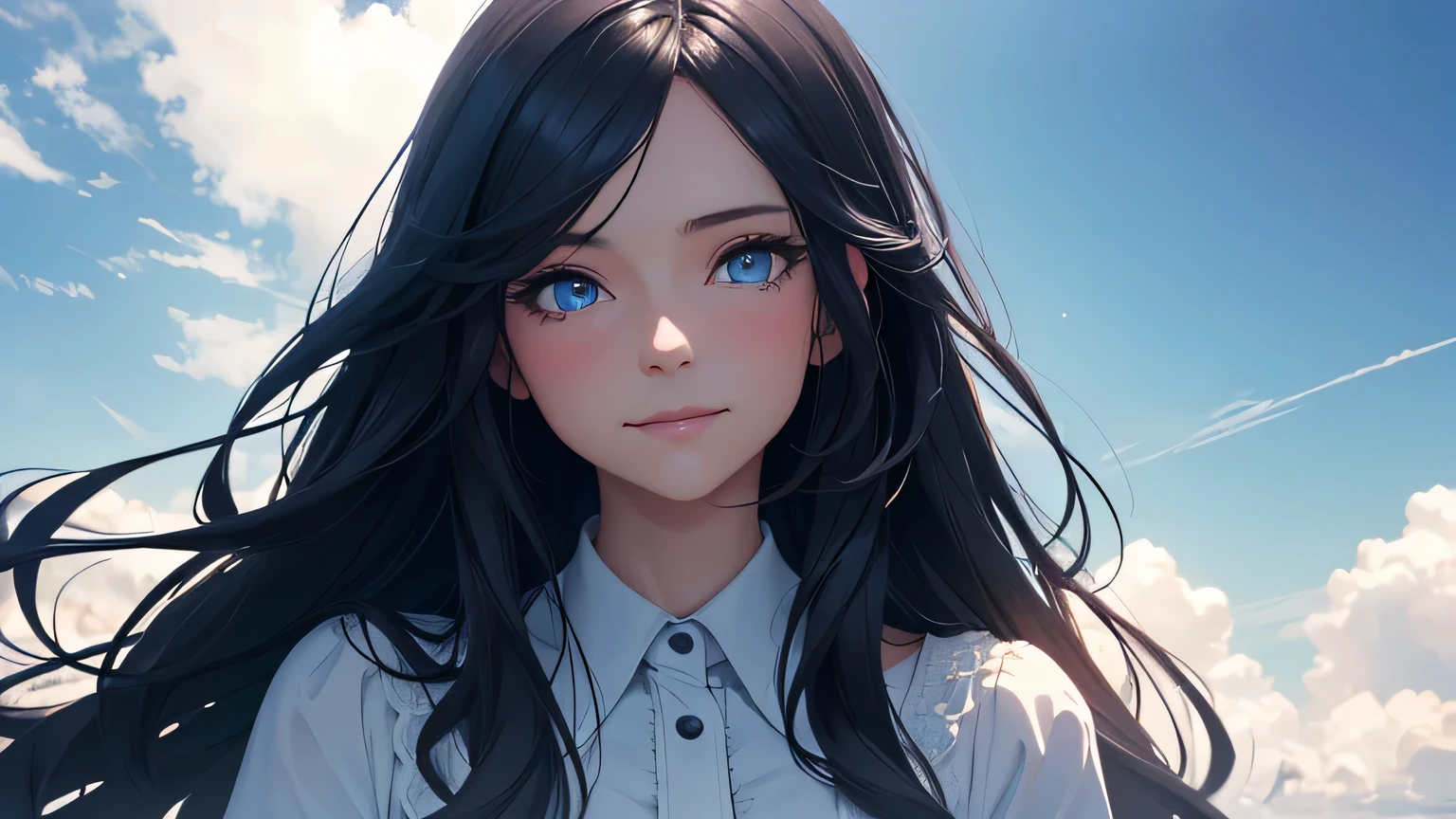 In the clouds, highly detailed photorealistic portrait of a 25 year old woman, detailed blue eyes, long black hair, white shirt in the blue sky, crying and smiling with emotion and feeling, standing in the clouds, spectacular lighting, cinema, digital art. hyperrealistic, 8k