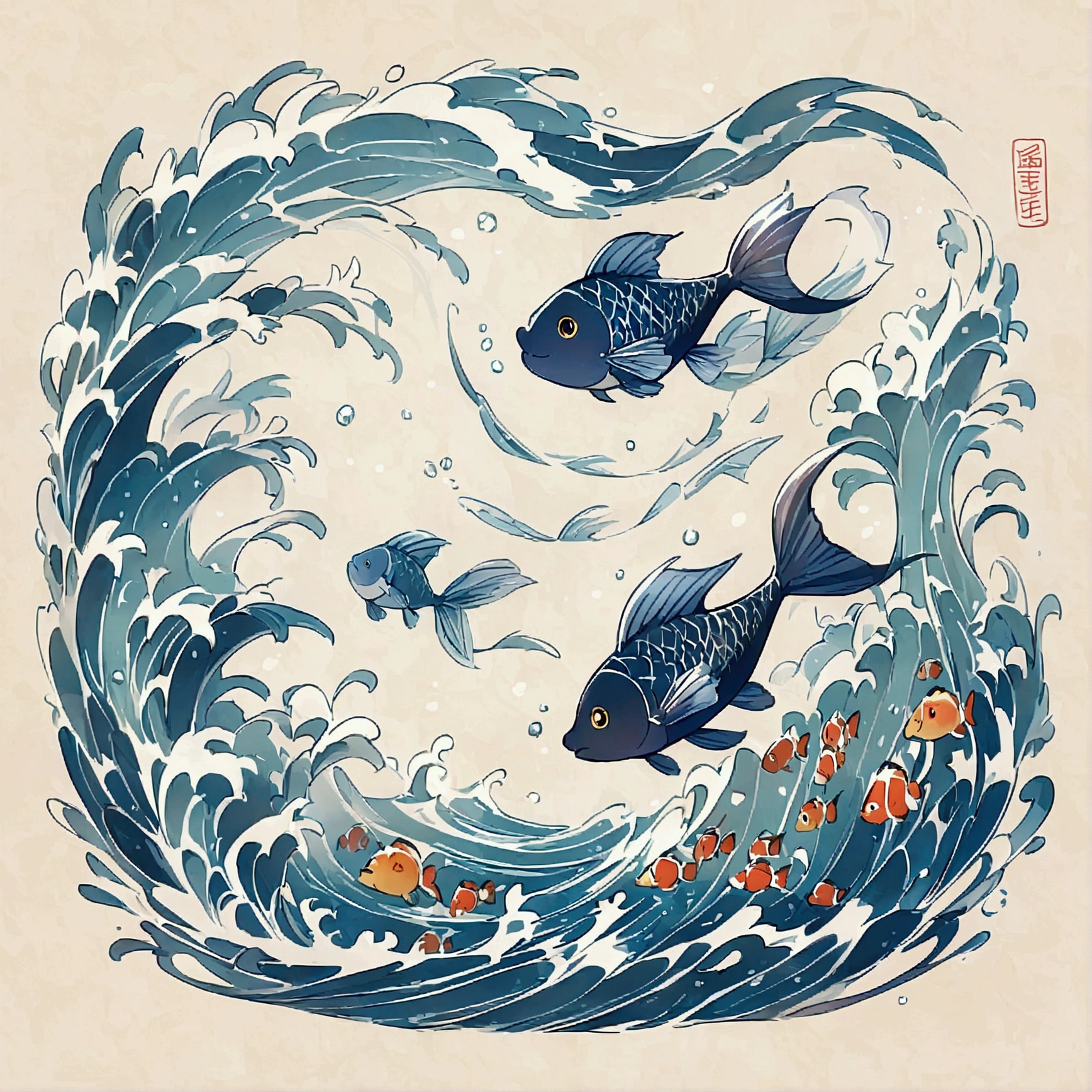 Loose Wind,cute,Background water,Line stamp,Non-human、fish:Medaka