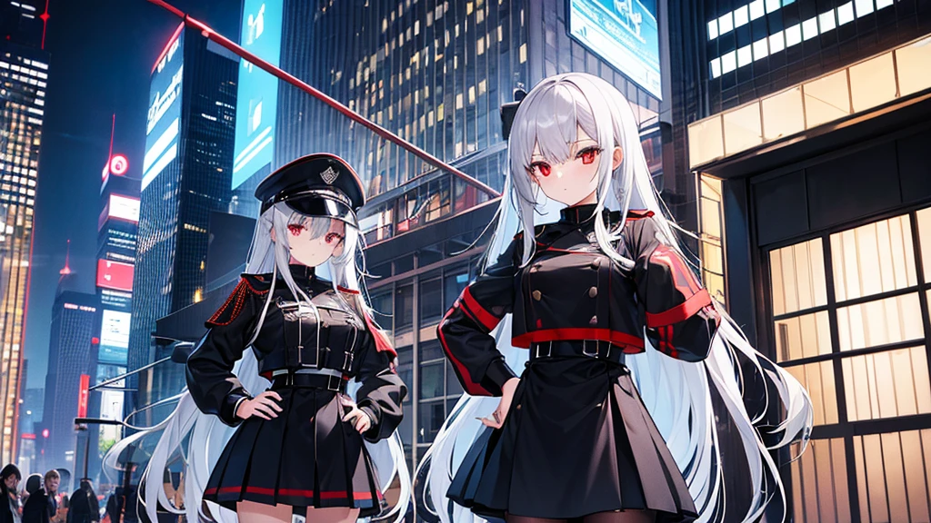Two girls with long straight silver hair, twins, red eyes, big breasts, tall, slim, cool, black uniform cap, black military uniform, black mini quilted skirt, night city