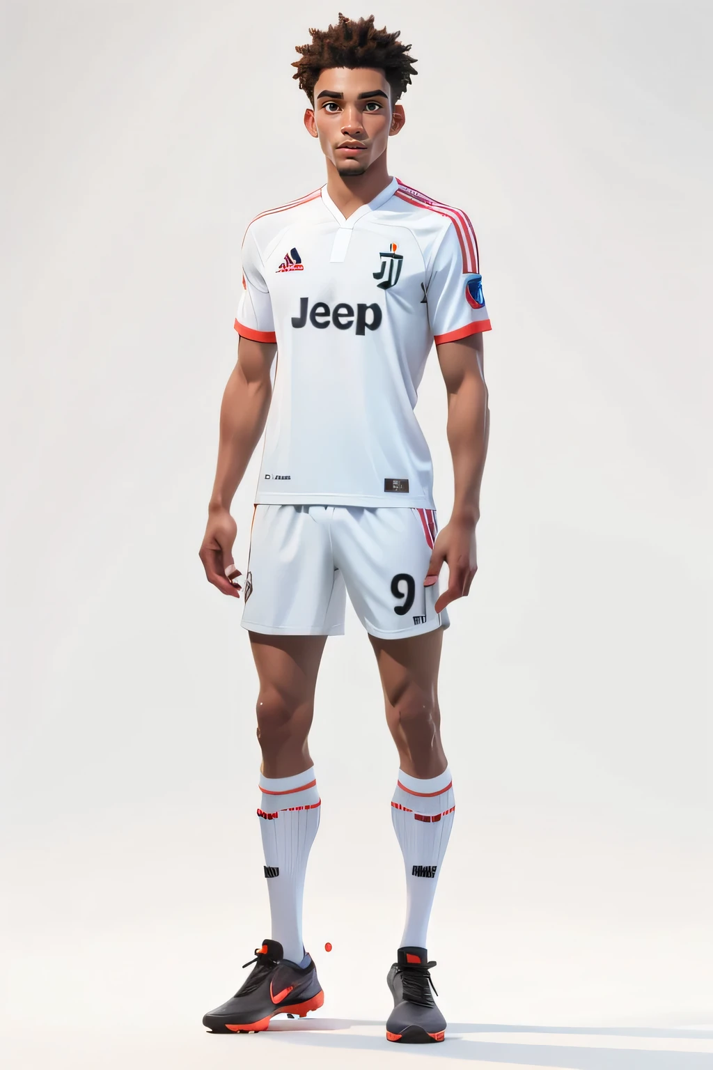RAW photo,8k uhd,masterpiece,(photorealistic:1.4),best quality,beautiful lighting,3D Art,C4D,OC render,35mm lens,f/1.8,looking at viewer, Juventus Marley Aké, (full body:1.5),a man,professional soccer player,sports shorts,soccer socks,soccer shoes,soccer ball,man model standing pose,lively,handsome,(white background:1.5)