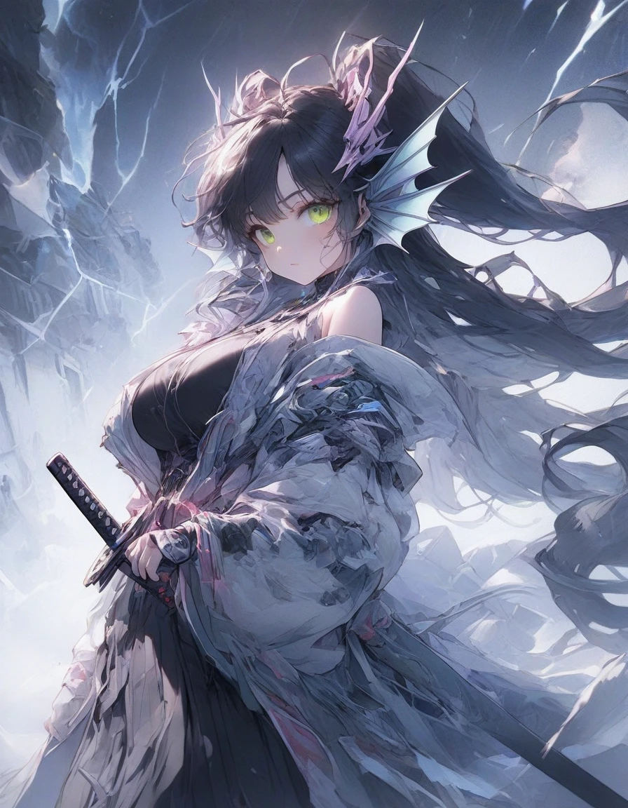 ,snap shot,red katana,fighting stance,(holding huge katana:1.3),,no pattern kimono,(black kimono:1.1),samurai,,,{{{Huge breasts}}},,,,,,long skirt, brooches,Blue brooch,,(dark Blue hair:1.25),gradient_hair,( Green eyes:1.25),hair_ornament detached ,,Very Long Ponytail, poneyTail,, (head fins:1.25),、stormy、lightning bolt,iaidow,weapon, katana, holding sword, ready to draw, sheathed, unsheathing, scabbard,(Masterpiece, best quality), ultra-detailed, full-bodied cyber punk magical girl, hold on high tech energy KATANA,,cyber outfit, cyber hi-tech boots, high resolution, digital painting, 8k high resolution, trending art station, white background, whole body.