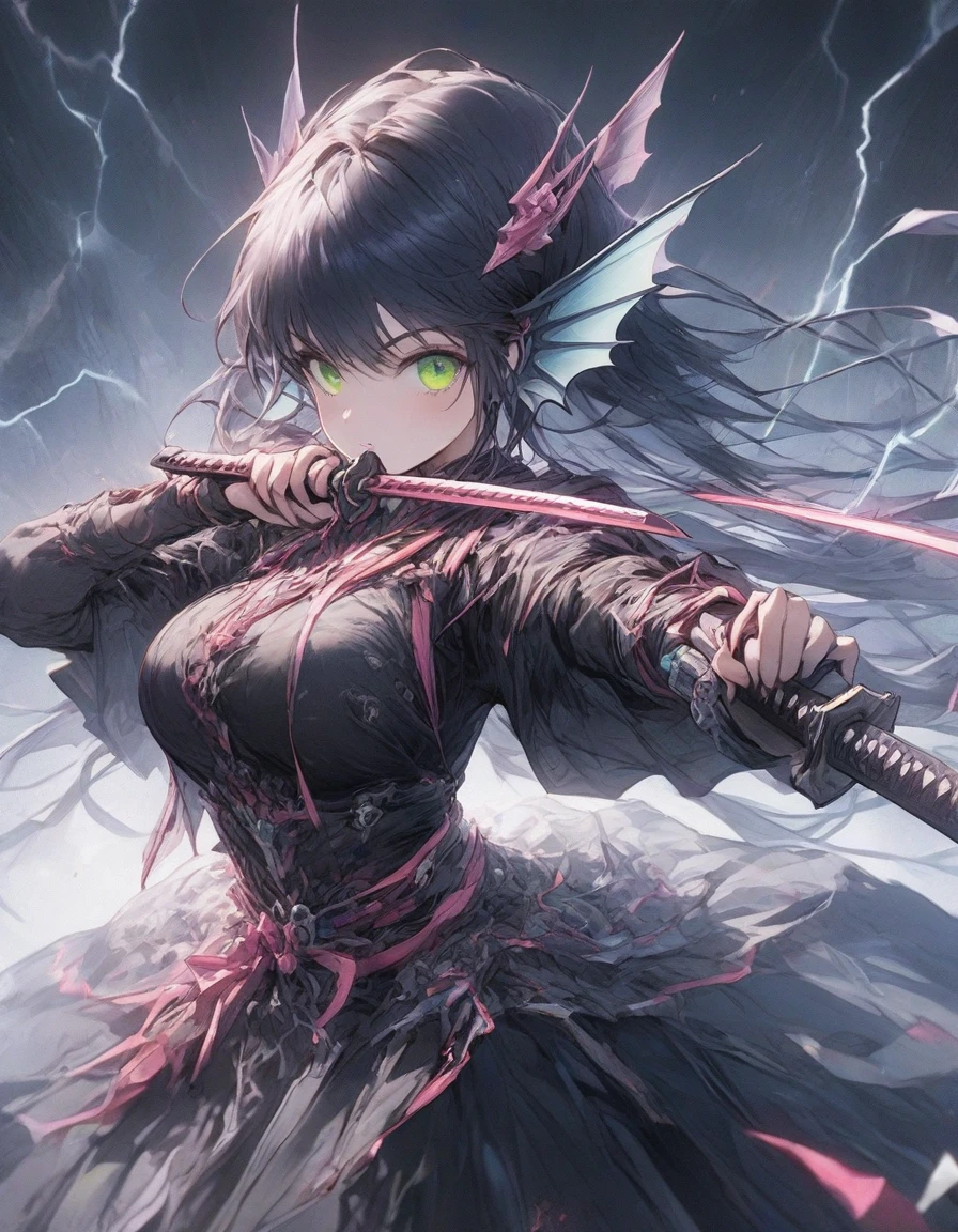 ,snap shot,red katana,fighting stance,(holding huge katana:1.3),,no pattern kimono,(black kimono:1.1),samurai,,,{{{Huge breasts}}},,,,,,long skirt, brooches,Blue brooch,,(dark Blue hair:1.25),gradient_hair,( Green eyes:1.25),hair_ornament detached ,,Very Long Ponytail, poneyTail,, (head fins:1.25),、stormy、lightning bolt,iaidow,weapon, katana, holding sword, ready to draw, sheathed, unsheathing, scabbard,(Masterpiece, best quality), ultra-detailed, full-bodied cyber punk magical girl, hold on high tech energy KATANA,,cyber outfit, cyber hi-tech boots, high resolution, digital painting, 8k high resolution, trending art station, white background, whole body.