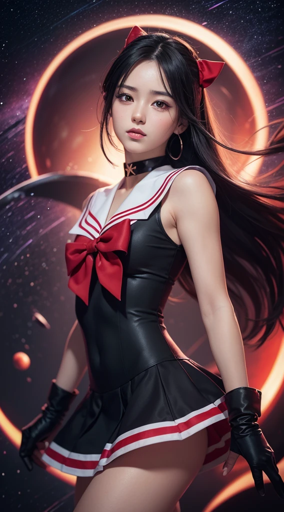 ((HD Real, Same 1 level)), Extremely realistic, masterpiece, Highest quality, High resolution, Same 1, space, Stunning beauty, Upper Body Shot, 1 girl, chest, gloves, lips, alone, Sailor Mars, Purple eyes, uniform, Show more1, tiara, sailor warrior uniform, (RAW Photos, Highest quality), masterpiece, 浮かぶ長いBlack Hair, Red Sailor Collar, bow, choker, 白いgloves, red choker, 肘用gloves, jewelry, Earrings, Red Skirt, only, whole body, Black Hair, (Perfect hands): 3.8, Octane Rendering, Goddess of Fire, (close: 1.2) In detail, Beautiful Eyes, close, Small eyes, Show Viewer, to8 contrast style, Octane line drawing, space background, Mars, There's flames all around her, Red Flame, Intense gaze, Clear Eyes, Hands down