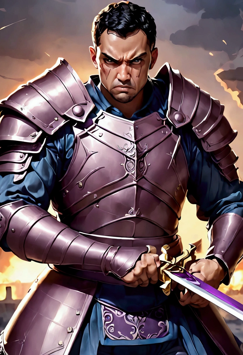 Man, semi-armor purple, swords, angry, danger, fighting