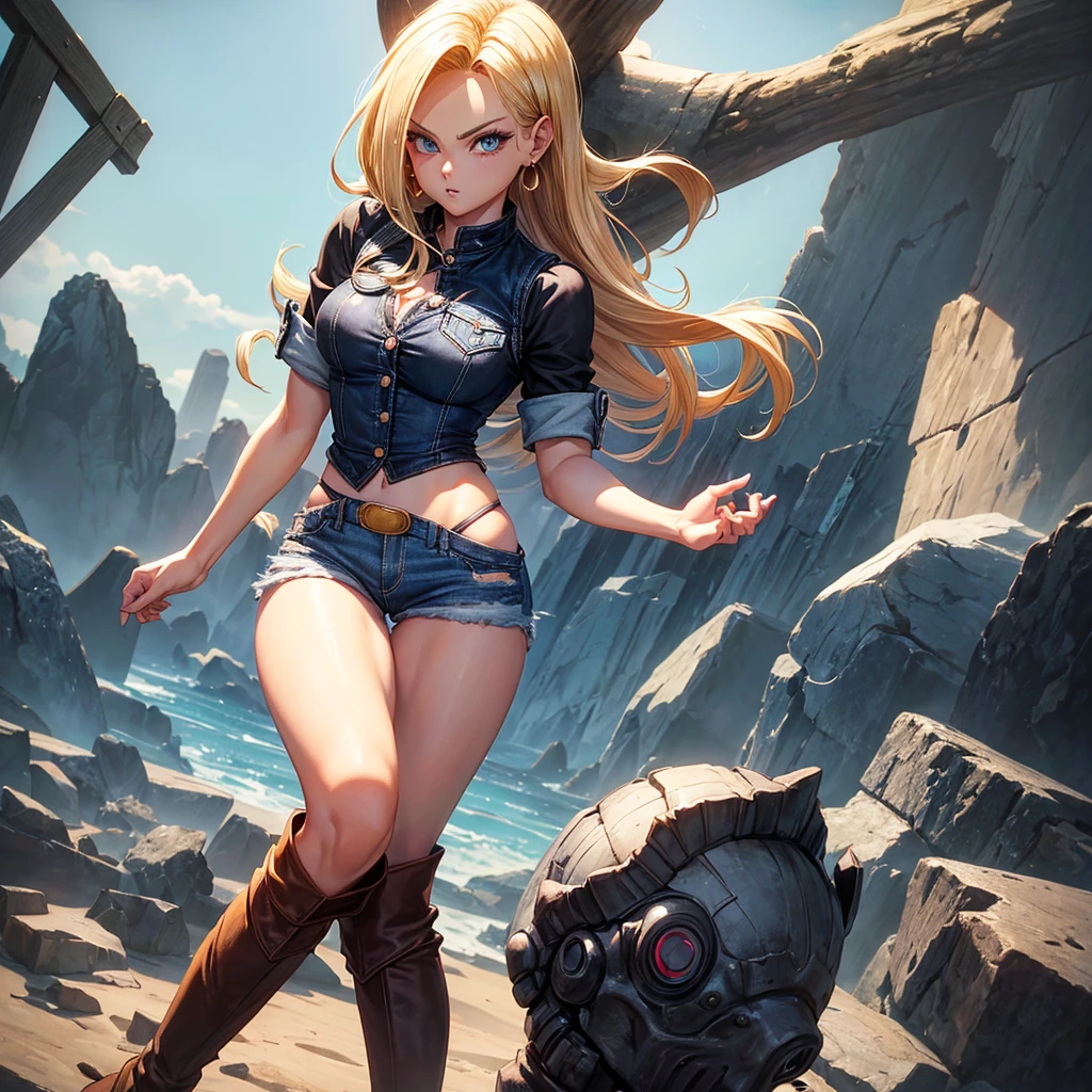 (Cowboy shooting: 1.2), (Android_18, and 18(Dragon Ball Z), (Beautiful eyes and delicate face), (Face to thighs: 1.4), (Shot in the knee: 1.2), Blonde Hair, Solitary, Miss, (Beautiful background), :), Dynamic Angle, blue eyes, Glossy, Sunlight, (Beautiful face: 1.2), Wide hips, Thick thighs, full-body shot, Solitary, Blonde Hair,  blue eyes, short hair, earrings, Jewelry, denim dress, Open vest, (Black shirt), Denim skirt, (Long striped sleeves), Blue Skirt, Brown cowboy boots