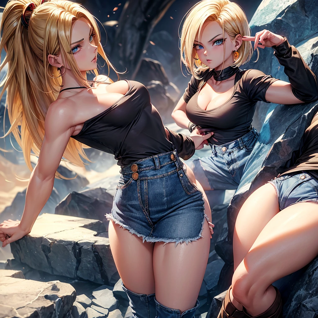 (Cowboy shooting: 1.2), (Android_18, and 18(Dragon Ball Z), (Beautiful eyes and delicate face), (Face to thighs: 1.4), (Shot in the knee: 1.2), Blonde Hair, Solitary, Miss, (Beautiful background), :), Dynamic Angle, blue eyes, Glossy, Sunlight, (Beautiful face: 1.2), Wide hips, Thick thighs, full-body shot, Solitary, Blonde Hair,  blue eyes, short hair, earrings, Jewelry, denim dress, Open vest, (Black shirt), Denim skirt, (Long striped sleeves), Blue Skirt, Brown cowboy boots