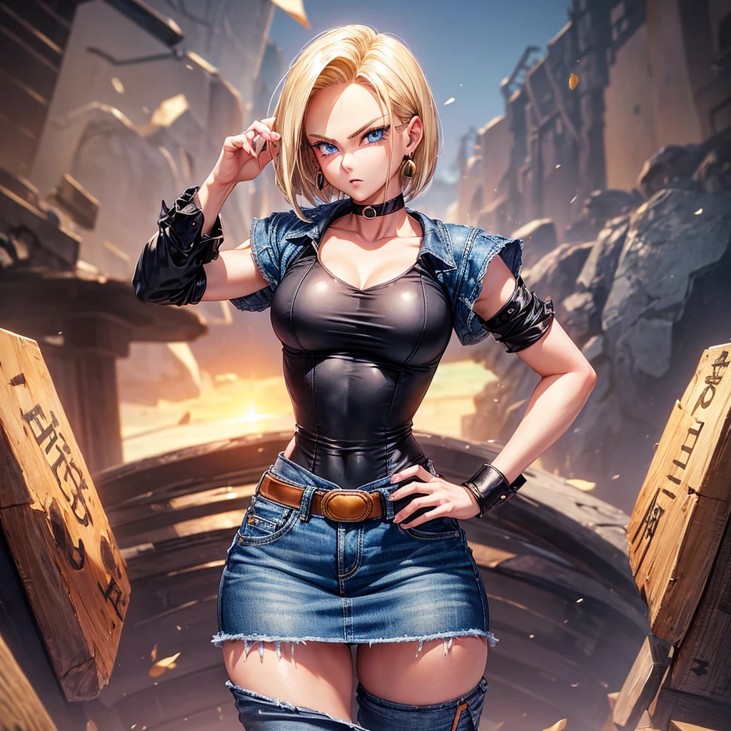 (Cowboy shooting: 1.2), (Android_18, and 18(Dragon Ball Z), (Beautiful eyes and delicate face), (Face to thighs: 1.4), (Shot in the knee: 1.2), Blonde Hair, Solitary, Miss, (Beautiful background), :), Dynamic Angle, blue eyes, Glossy, Sunlight, (Beautiful face: 1.2), Wide hips, Thick thighs, full-body shot, Solitary, Blonde Hair,  blue eyes, short hair, earrings, Jewelry, denim dress, Open vest, (Black shirt), Denim skirt, (Long striped sleeves), Blue Skirt, Brown cowboy boots