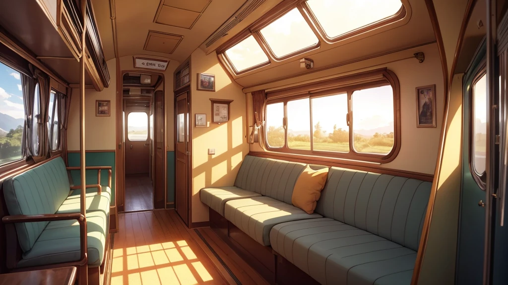 a studio ghibli inspired train carriage, sunset lighting, detailed interior, beautiful pastel colors, golden hour, atmospheric, cinematic, masterpiece, (best quality,4k,8k,highres,masterpiece:1.2),ultra-detailed,(realistic,photorealistic,photo-realistic:1.37),cinematic lighting,intricate details,warm tones,vibrant colors,soft focus,serene,peaceful,magical,whimsical,atmospheric,nostalgic