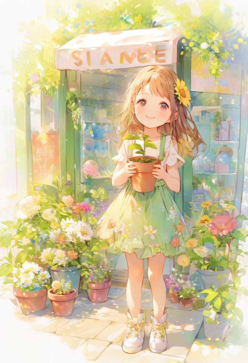 Anime girl holding a potted plant in front of a store, pretty girlのアニメビジュアル, Cute Anime Girl, by Shimo, Cute art style, Beautiful sunflower anime girl, pretty girl, , Cute and detailed digital art, Beautiful anime art, Beautiful anime artwork, by Ai-Mitsu, by Kamaguruka, Cute Anime Girl portraits