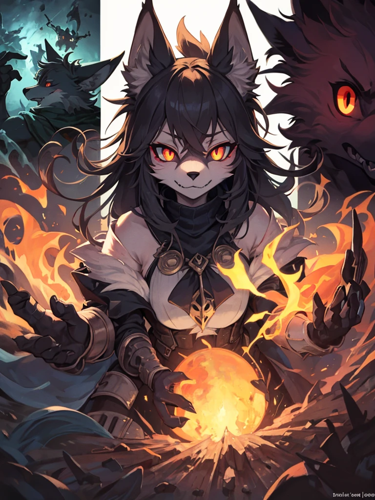 collage style,dark、Depression,Full of weird elements,Red wolf furry, Green pupils,black sclera