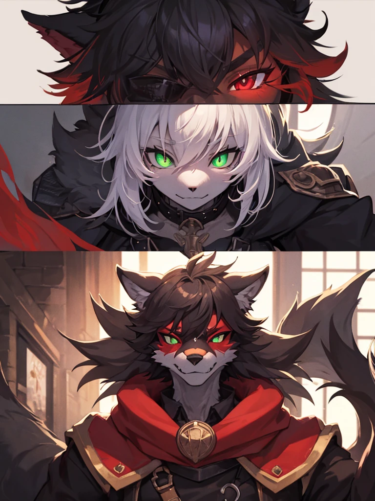 collage style,dark、Depression,Full of weird elements,Red wolf furry, Green pupils,black sclera
