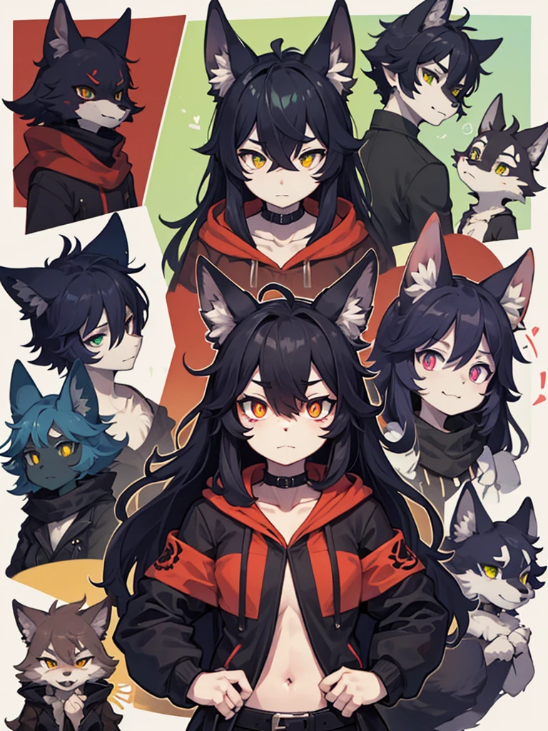 collage style,dark、Depression,Full of weird elements,Red wolf furry, Green pupils,black sclera