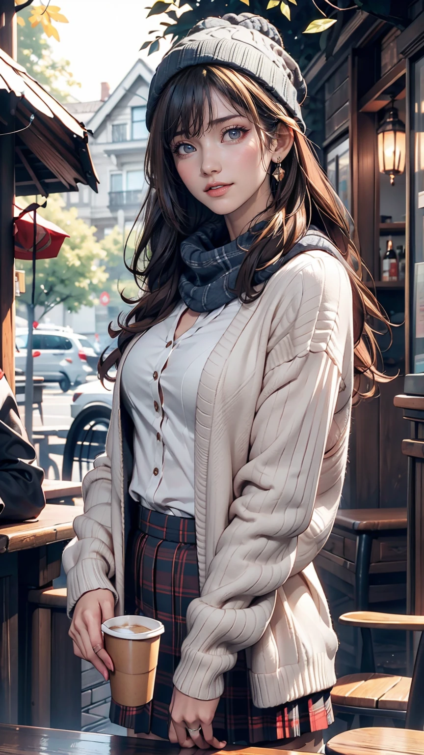 One girl, 紅leaf, bangs, Black Hat, Blurred Background, blush, Brown eyes, Brown Hair, brown scarf, brown skirt, cardigan, coffee, Cowboy Shot, cup, disposable cup, drink, 落ちleaf, Beanie, Holding, Holding drink, leaf, Long Hair, Long sleeve, View your viewers, open cardigan, Open your mouth, Plaid, Plaid skirt, puffy Long sleeve, red sweater, scarf, shirt, shirt tucked in, Side Lock, skirt, smile, alone, sweater, white shirt, Very detailed, Complex, masterpiece, Absurd