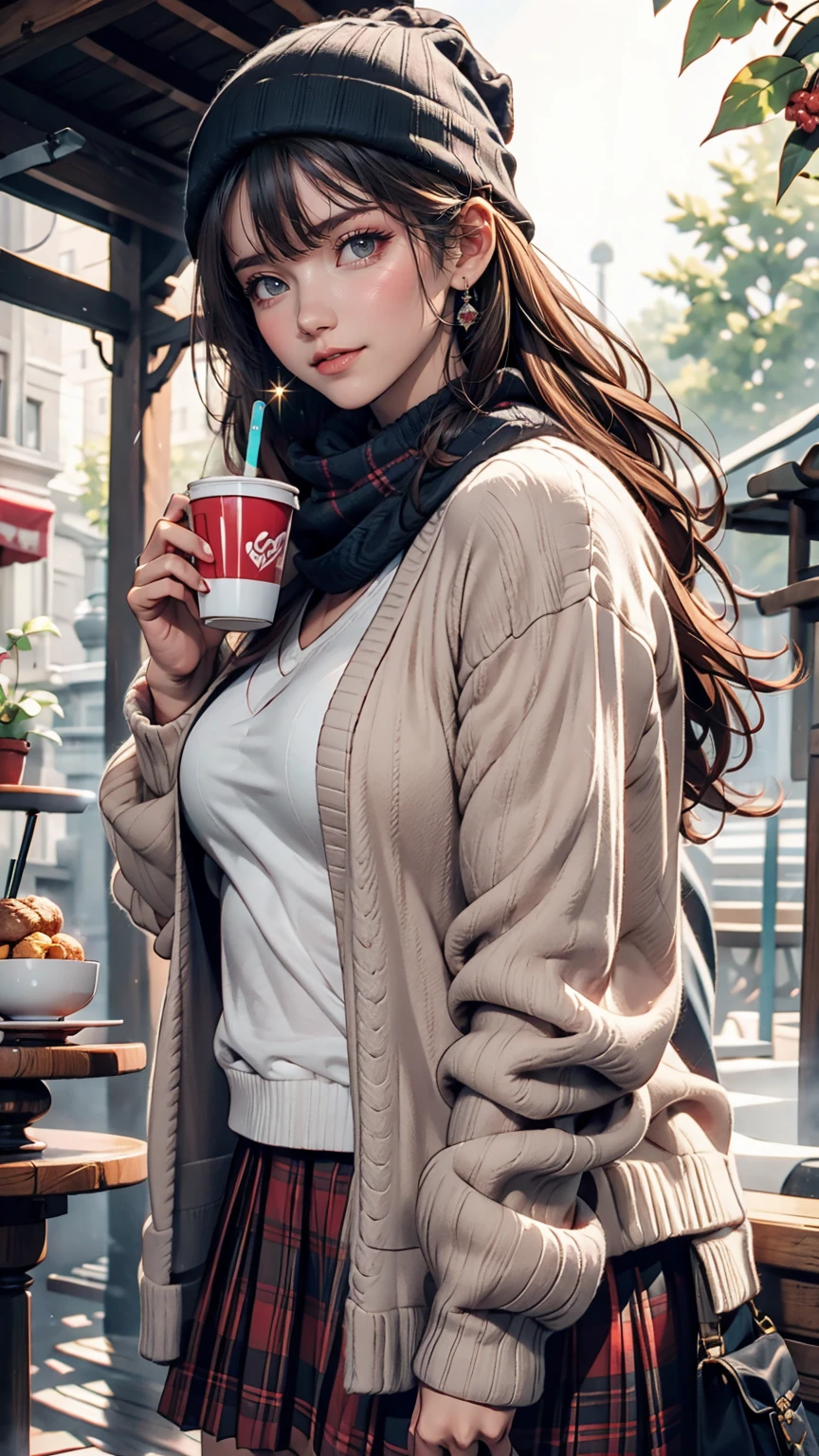 One girl, 紅leaf, bangs, Black Hat, Blurred Background, blush, Brown eyes, Brown Hair, brown scarf, brown skirt, cardigan, coffee, Cowboy Shot, cup, disposable cup, drink, 落ちleaf, Beanie, Holding, Holding drink, leaf, Long Hair, Long sleeve, View your viewers, open cardigan, Open your mouth, Plaid, Plaid skirt, puffy Long sleeve, red sweater, scarf, shirt, shirt tucked in, Side Lock, skirt, smile, alone, sweater, white shirt, Very detailed, Complex, masterpiece, Absurd