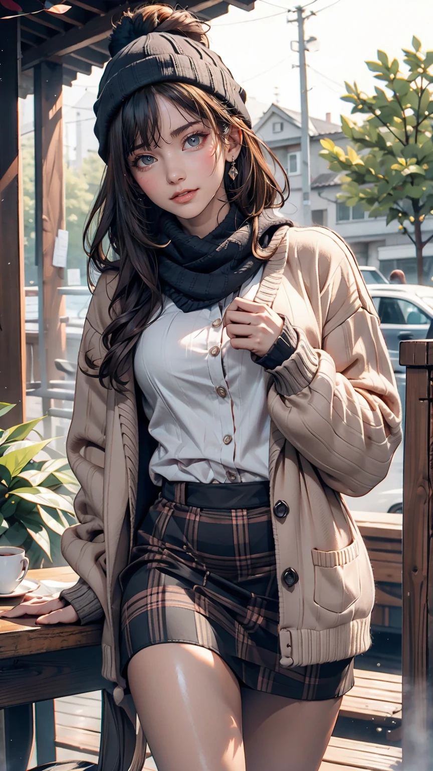 One girl, 紅leaf, bangs, Black Hat, Blurred Background, blush, Brown eyes, Brown Hair, brown scarf, brown skirt, cardigan, coffee, Cowboy Shot, cup, disposable cup, drink, 落ちleaf, Beanie, Holding, Holding drink, leaf, Long Hair, Long sleeve, View your viewers, open cardigan, Open your mouth, Plaid, Plaid skirt, puffy Long sleeve, red sweater, scarf, shirt, shirt tucked in, Side Lock, skirt, smile, alone, sweater, white shirt, Very detailed, Complex, masterpiece, Absurd