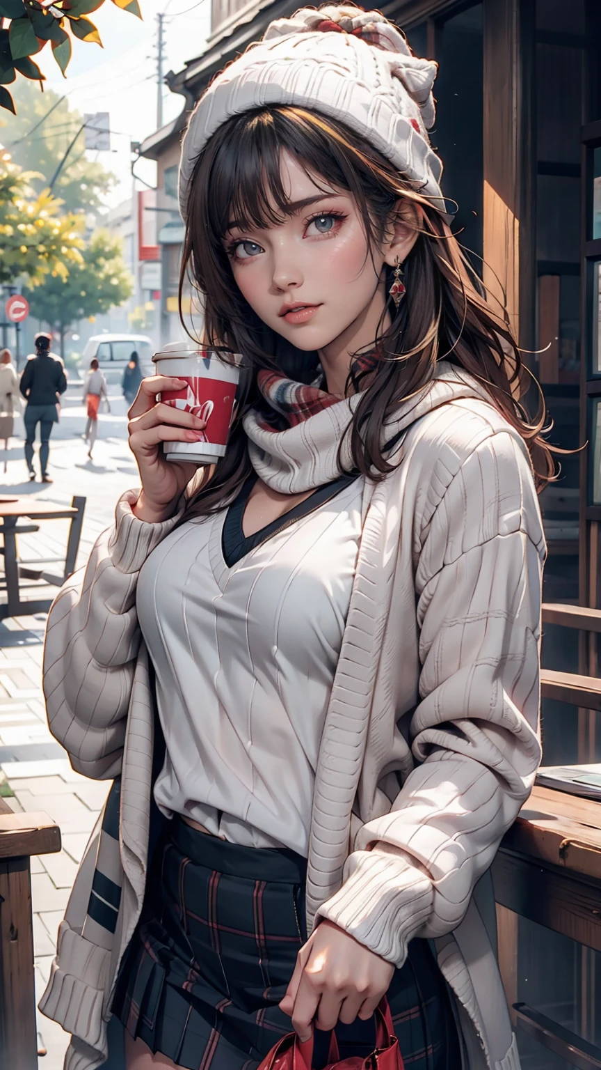 One girl, 紅leaf, bangs, Black Hat, Blurred Background, blush, Brown eyes, Brown Hair, brown scarf, brown skirt, cardigan, coffee, Cowboy Shot, cup, disposable cup, drink, 落ちleaf, Beanie, Holding, Holding drink, leaf, Long Hair, Long sleeve, View your viewers, open cardigan, Open your mouth, Plaid, Plaid skirt, puffy Long sleeve, red sweater, scarf, shirt, shirt tucked in, Side Lock, skirt, smile, alone, sweater, white shirt, Very detailed, Complex, masterpiece, Absurd