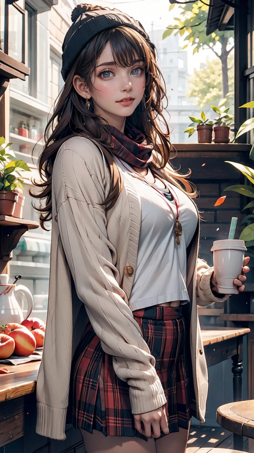 One girl, 紅leaf, bangs, Black Hat, Blurred Background, blush, Brown eyes, Brown Hair, brown scarf, brown skirt, cardigan, coffee, Cowboy Shot, cup, disposable cup, drink, 落ちleaf, Beanie, Holding, Holding drink, leaf, Long Hair, Long sleeve, View your viewers, open cardigan, Open your mouth, Plaid, Plaid skirt, puffy Long sleeve, red sweater, scarf, shirt, shirt tucked in, Side Lock, skirt, smile, alone, sweater, white shirt, Very detailed, Complex, masterpiece, Absurd