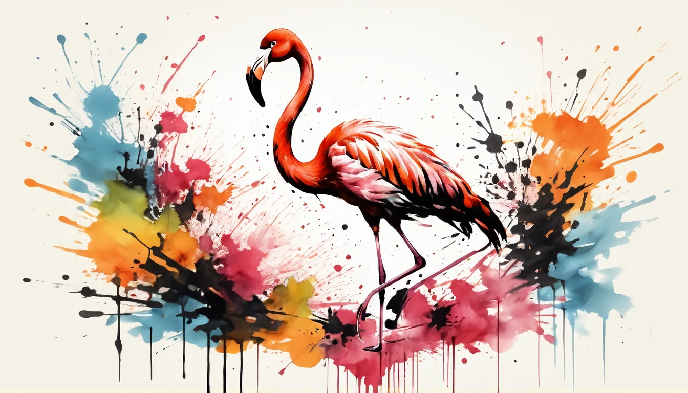Vector Art, Colorful illustration with flamingo, In the center, Vibrant colors,Graffiti Art,Ink splatter,Wild and uninhibited,Colorful,visual impact,Modern aesthetics super details, Intricate details:1.3