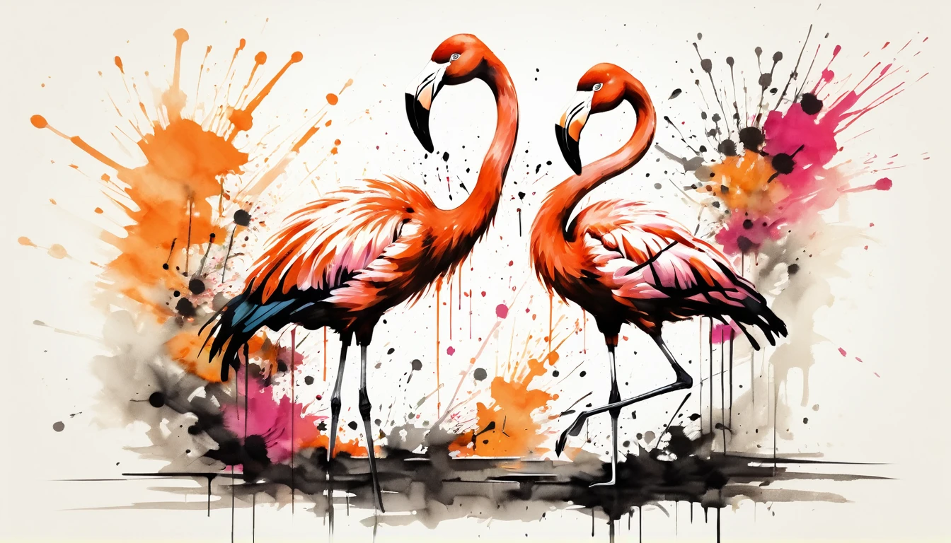 Vector Art, Colorful illustration with flamingo, In the center, Vibrant colors，Graffiti Art，Ink splatter，Wild and uninhibited，Colorful，visual impact,Modern aesthetics super details, Intricate details:1.3
