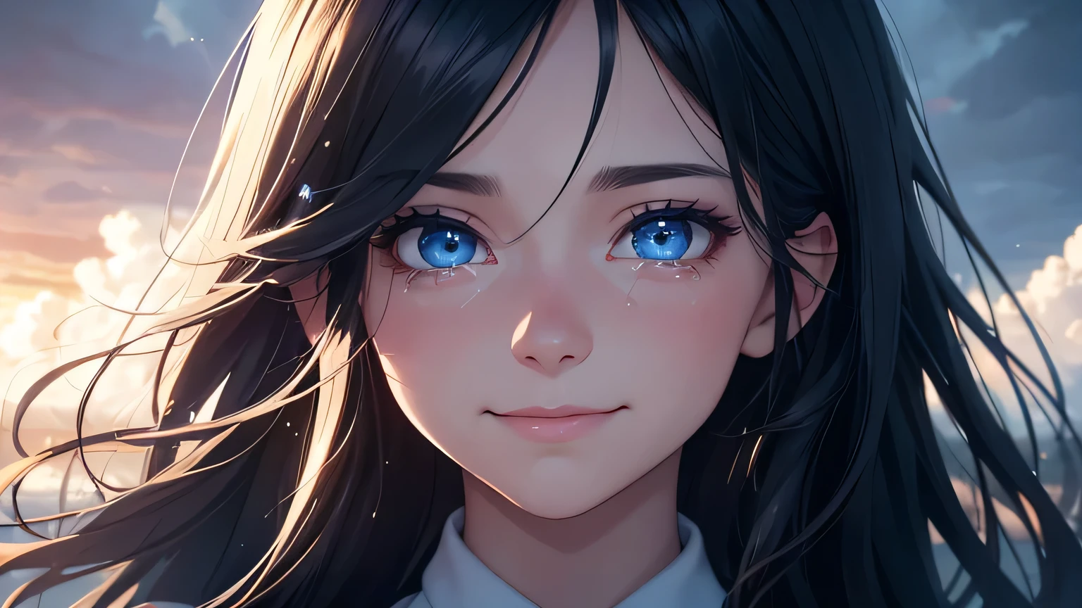 In the clouds, highly detailed photorealistic portrait of a 25 year old woman, detailed blue eyes, long black hair, white shirt in the blue sky, crying and smiling with emotion and feeling, standing in the clouds, spectacular lighting, cinema, digital art. hyperrealistic, 8k