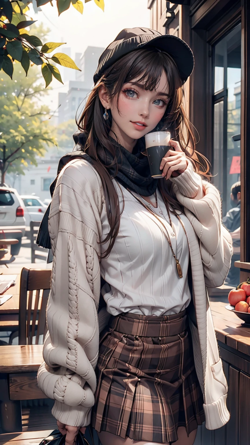 One girl, 紅leaf, bangs, Black Hat, Blurred Background, blush, Brown eyes, Brown Hair, brown scarf, brown skirt, cardigan, coffee, Cowboy Shot, cup, disposable cup, drink, 落ちleaf, Beanie, Holding, Holding drink, leaf, Long Hair, Long sleeve, View your viewers, open cardigan, Open your mouth, Plaid, Plaid skirt, puffy Long sleeve, red sweater, scarf, shirt, shirt tucked in, Side Lock, skirt, smile, alone, sweater, white shirt, Very detailed, Complex, masterpiece, Absurd