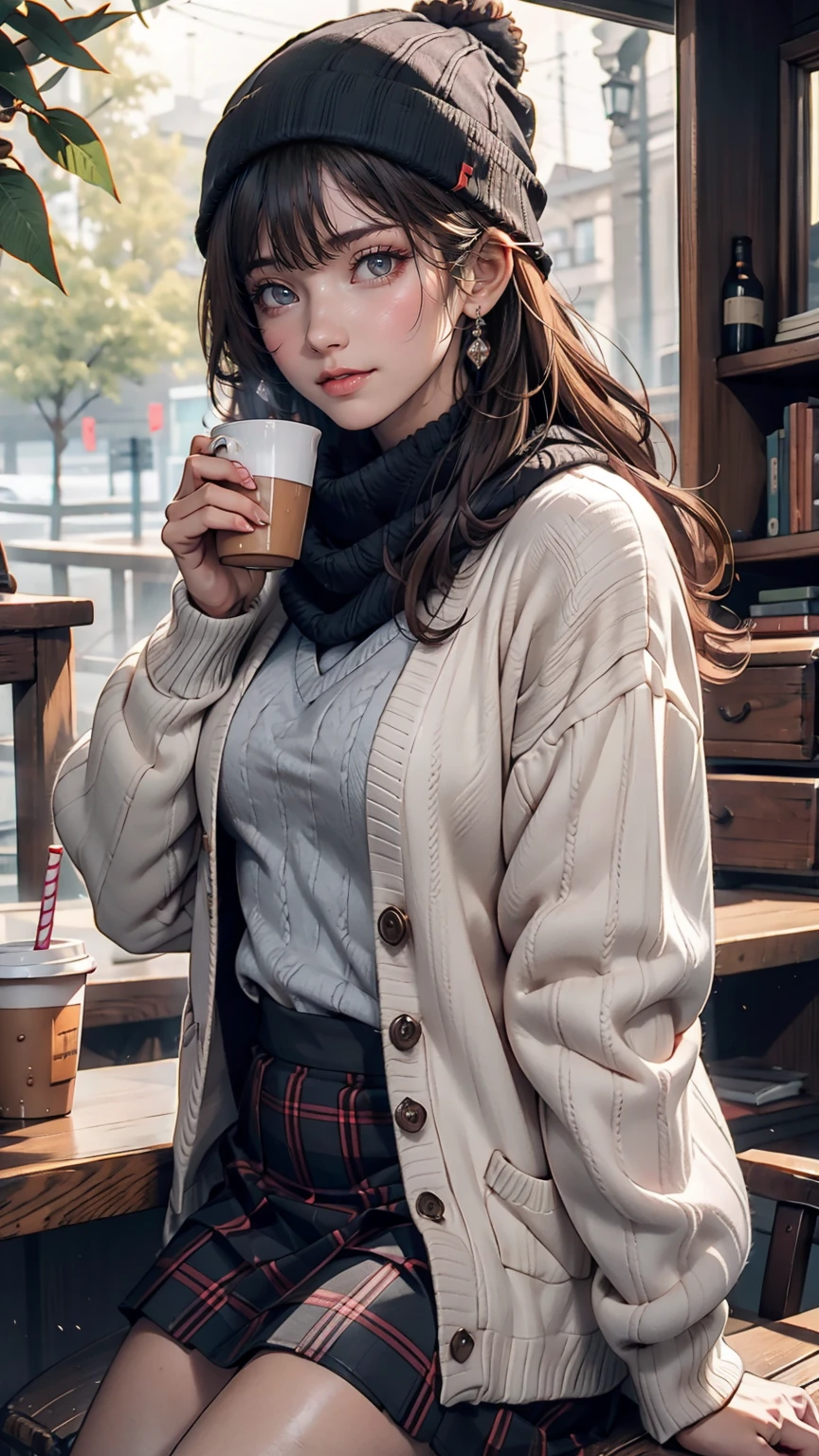One girl, 紅leaf, bangs, Black Hat, Blurred Background, blush, Brown eyes, Brown Hair, brown scarf, brown skirt, cardigan, coffee, Cowboy Shot, cup, disposable cup, drink, 落ちleaf, Beanie, Holding, Holding drink, leaf, Long Hair, Long sleeve, View your viewers, open cardigan, Open your mouth, Plaid, Plaid skirt, puffy Long sleeve, red sweater, scarf, shirt, shirt tucked in, Side Lock, skirt, smile, alone, sweater, white shirt, Very detailed, Complex, masterpiece, Absurd