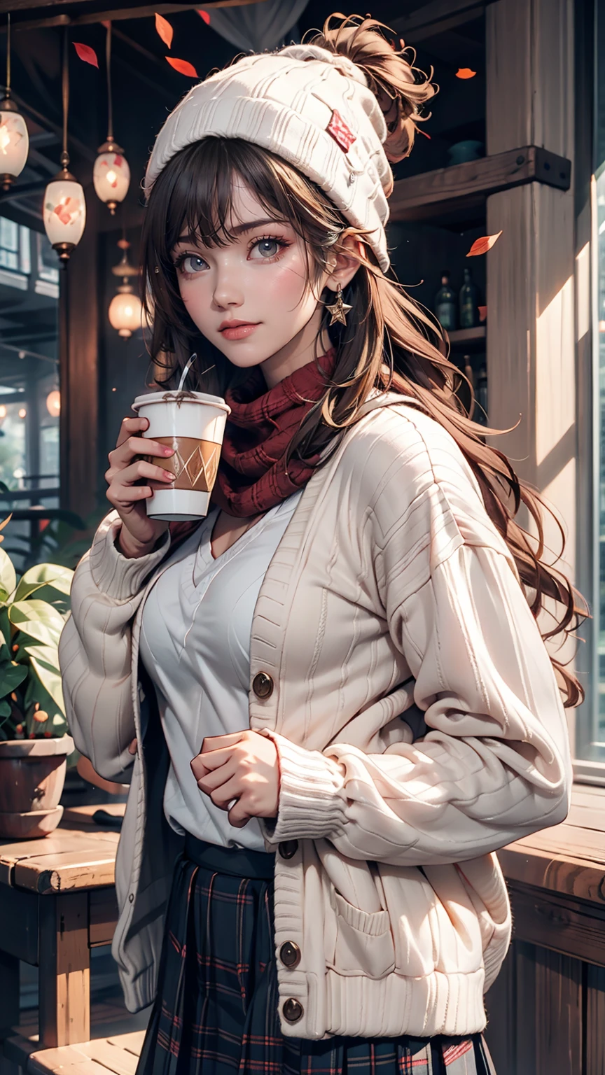 One girl, 紅leaf, bangs, Black Hat, Blurred Background, blush, Brown eyes, Brown Hair, brown scarf, brown skirt, cardigan, coffee, Cowboy Shot, cup, disposable cup, drink, 落ちleaf, Beanie, Holding, Holding drink, leaf, Long Hair, Long sleeve, View your viewers, open cardigan, Open your mouth, Plaid, Plaid skirt, puffy Long sleeve, red sweater, scarf, shirt, shirt tucked in, Side Lock, skirt, smile, alone, sweater, white shirt, Very detailed, Complex, masterpiece, Absurd