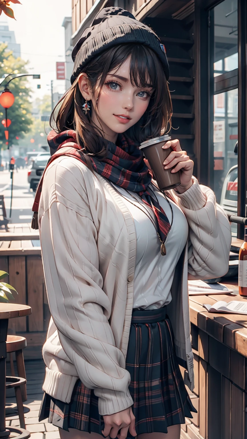 One girl, 紅leaf, bangs, Black Hat, Blurred Background, blush, Brown eyes, Brown Hair, brown scarf, brown skirt, cardigan, coffee, Cowboy Shot, cup, disposable cup, drink, 落ちleaf, Beanie, Holding, Holding drink, leaf, Long Hair, Long sleeve, View your viewers, open cardigan, Open your mouth, Plaid, Plaid skirt, puffy Long sleeve, red sweater, scarf, shirt, shirt tucked in, Side Lock, skirt, smile, alone, sweater, white shirt, Very detailed, Complex, masterpiece, Absurd