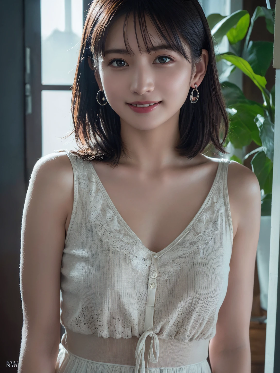 (Highest quality:1.4),(masterpiece:1.4),(Realistic:1.4),(Realistic:1.2),(超High resolution, RAW Photos:1.4),(High resolution, Very detailed:1.2),(8k:1.2),Movie Photos,Photographed in natural light, a photo of a dark-haired,One Girl,smile,Spring Clothes, Simple Earrings,alone,wear,((Upper Body:1.3))