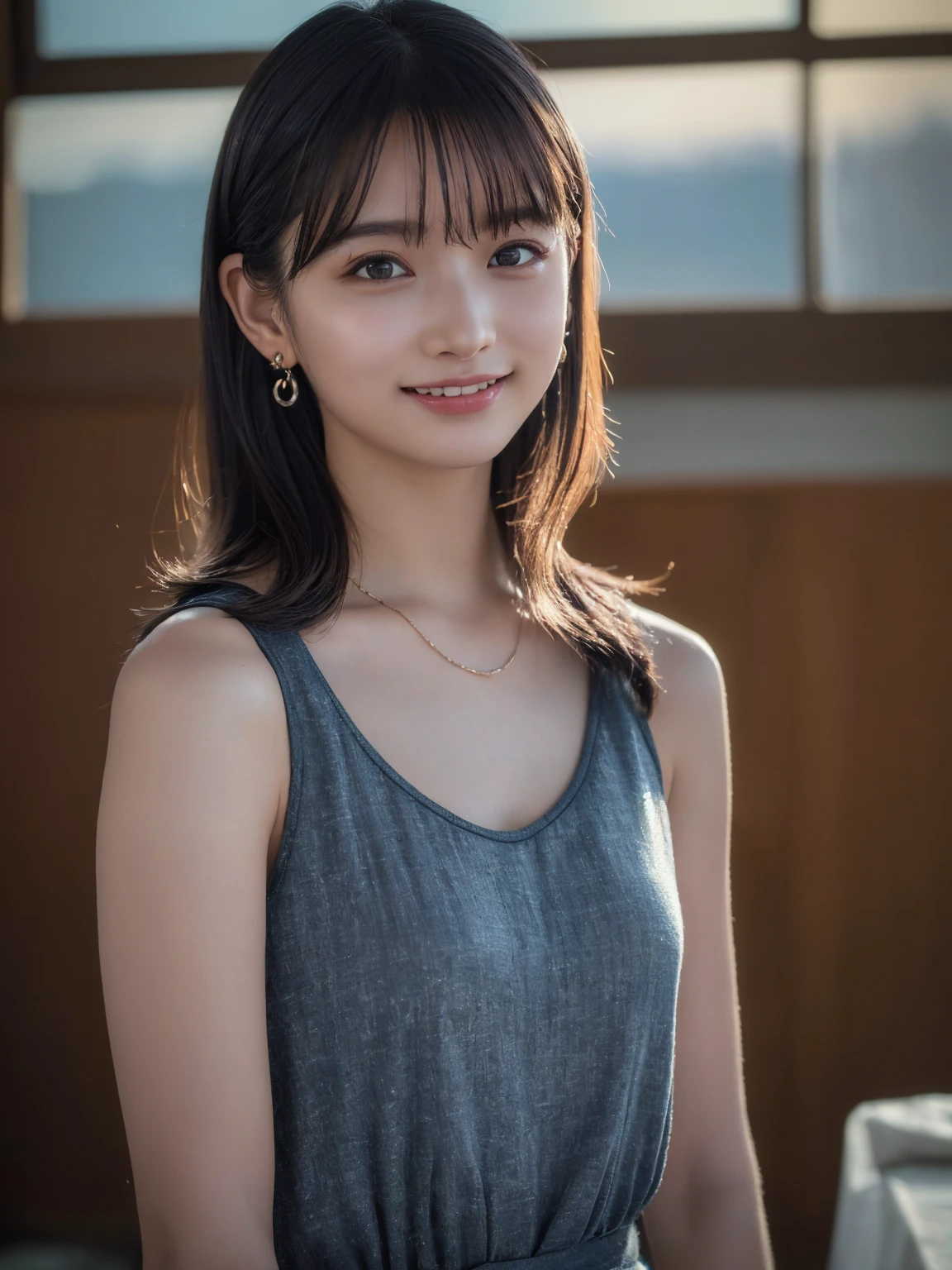 (Highest quality:1.4),(masterpiece:1.4),(Realistic:1.4),(Realistic:1.2),(超High resolution, RAW Photos:1.4),(High resolution, Very detailed:1.2),(8k:1.2),Movie Photos,Photographed in natural light, a photo of a dark-haired,One Girl,smile,Spring Clothes, Simple Earrings,alone,wear,((Upper Body:1.3))