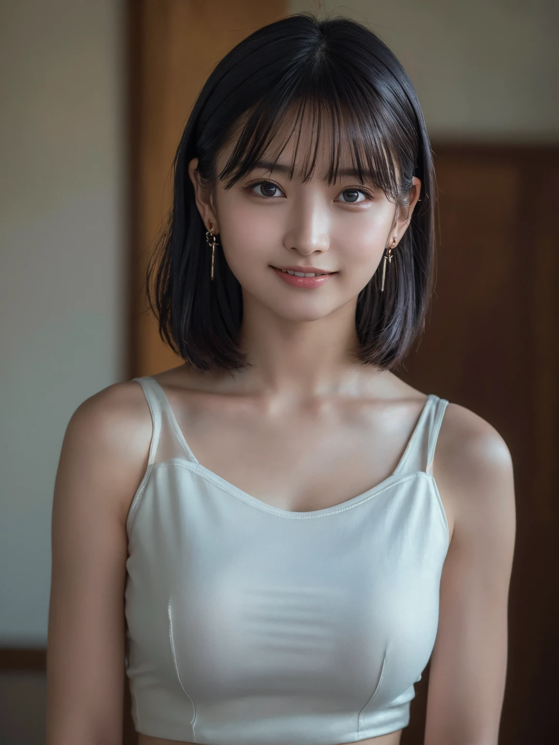 (Highest quality:1.4),(masterpiece:1.4),(Realistic:1.4),(Realistic:1.2),(超High resolution, RAW Photos:1.4),(High resolution, Very detailed:1.2),(8k:1.2),Movie Photos,Photographed in natural light, a photo of a dark-haired,One Girl,smile,Spring Clothes, Simple Earrings,alone,wear,((Upper Body:1.3))