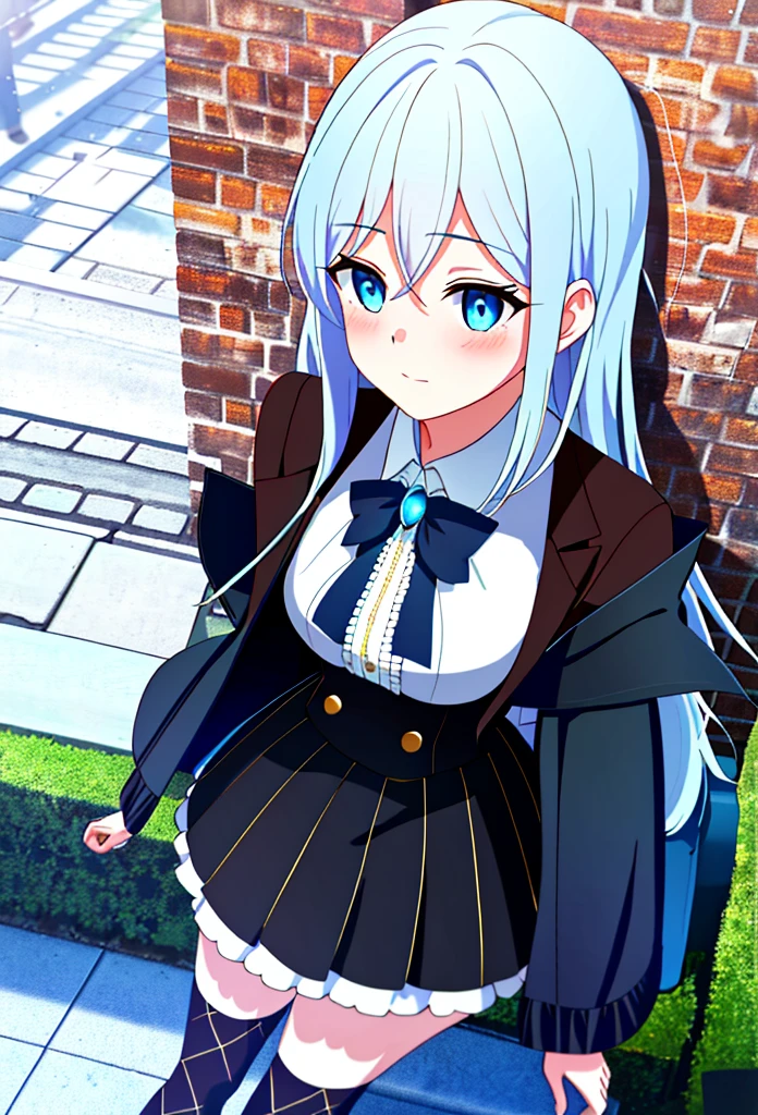 {{{{masterpiece, realistic, extremely detailed, intricate details, sharp focus, 8K, highres, depth of field, absurdres, high quality facial shadowing, dynamic shadowing, cinematic lighting, perfect lighting}}}}, best quality, asian qualities, {facing viewer}, {hands behind back}, {solo}, beautiful young girl, {{{extremely detailed girl, perfect anatomy, perfect body}}}, {{{{extremely detailed luscious shoulder length silver faded to white hair}}}}, {{{luscious multi-layered hair}}}, {{{detailed slightly-curly hair}}}, {{beautiful-detailed facial structure}}, {{detailed beautiful face}}, {{detailed face:1.33}}, {{beautiful-detailed eyes}}, {{{{black to light blue eyes}}}}, {{{{vibrant eye colors}}}}, large , {{slim arms}}, {{slim waist}}, {{thick thighs}}, {{{{beautiful-detailed fingers}}}}, {{{detailed legs}}}, {{{blushing}}}, {{cute shy expression}}, fashion, {{{bright blue sakura petal halo}}}, {{{detailed white school short shirt}}}, {{{detailed black checkered short skirt}}} {{{detailed black socks}}}, {{{wearing brown leather school shoes}}, {{standing against a wooden high fence on a brick pathway and a stream is running next to the person}}, {{people walking past and sitting at a nearby cafe drinking coffee}} hentai, shy