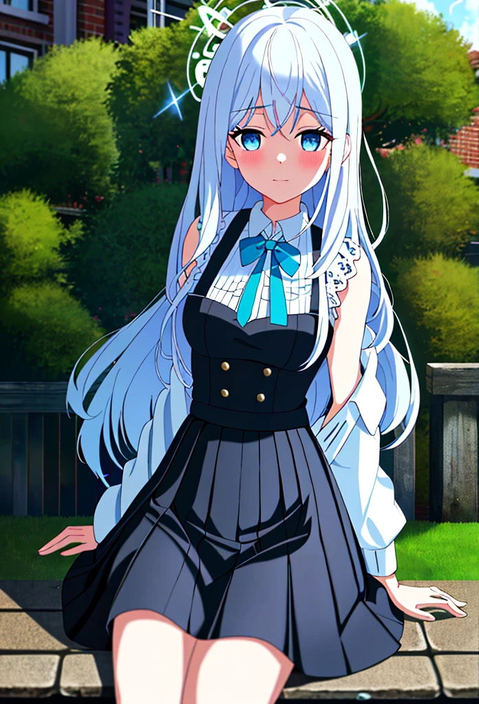 {{{{masterpiece, realistic, extremely detailed, intricate details, sharp focus, 8K, highres, depth of field, absurdres, high quality facial shadowing, dynamic shadowing, cinematic lighting, perfect lighting}}}}, best quality, asian qualities, {facing viewer}, {hands behind back}, {solo}, beautiful young girl, {{{extremely detailed girl, perfect anatomy, perfect body}}}, {{{{extremely detailed luscious shoulder length silver faded to white hair}}}}, {{{luscious multi-layered hair}}}, {{{detailed slightly-curly hair}}}, {{beautiful-detailed facial structure}}, {{detailed beautiful face}}, {{detailed face:1.33}}, {{beautiful-detailed eyes}}, {{{{black to light blue eyes}}}}, {{{{vibrant eye colors}}}}, large , {{slim arms}}, {{slim waist}}, {{thick thighs}}, {{{{beautiful-detailed fingers}}}}, {{{detailed legs}}}, {{{blushing}}}, {{cute shy expression}}, fashion, {{{bright blue sakura petal halo}}}, {{{detailed white school short shirt}}}, {{{detailed black checkered short skirt}}} {{{detailed black socks}}}, {{{wearing brown leather school shoes}}, {{standing against a wooden high fence on a brick pathway and a stream is running next to the person}}, {{people walking past and sitting at a nearby cafe drinking coffee}} hentai, shy
