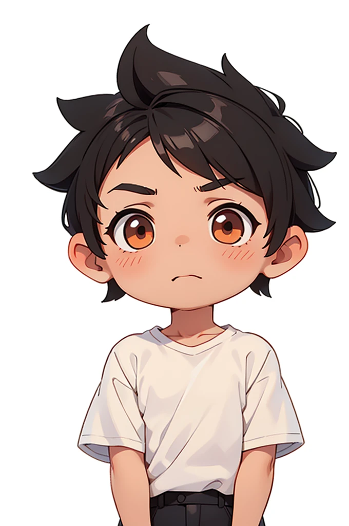 20 year old latino boy, short black hair, nervous facial expression, latino boy, basic orange shirt, white background, portrait photo, chibi,