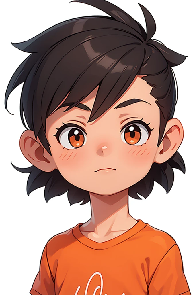 20 year old latino boy, short black hair, nervous facial expression, latino boy, basic orange shirt, white background, portrait photo, chibi,
