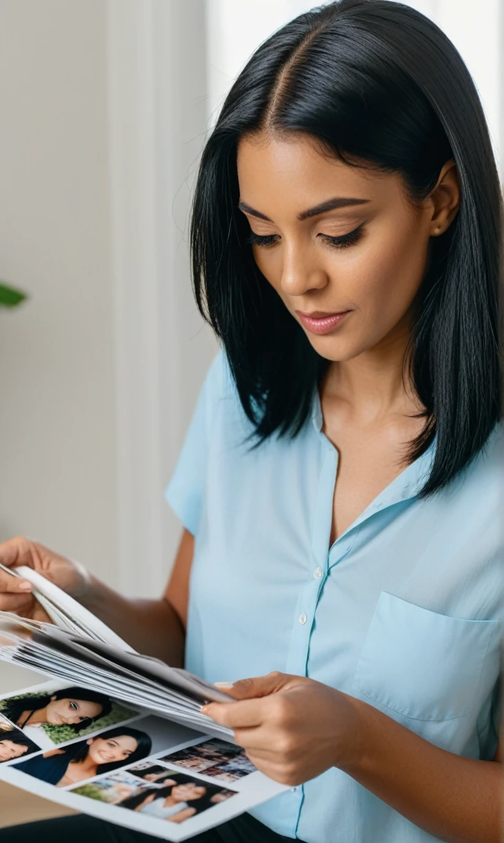 A black haired woman flipping through a folder of photographs.