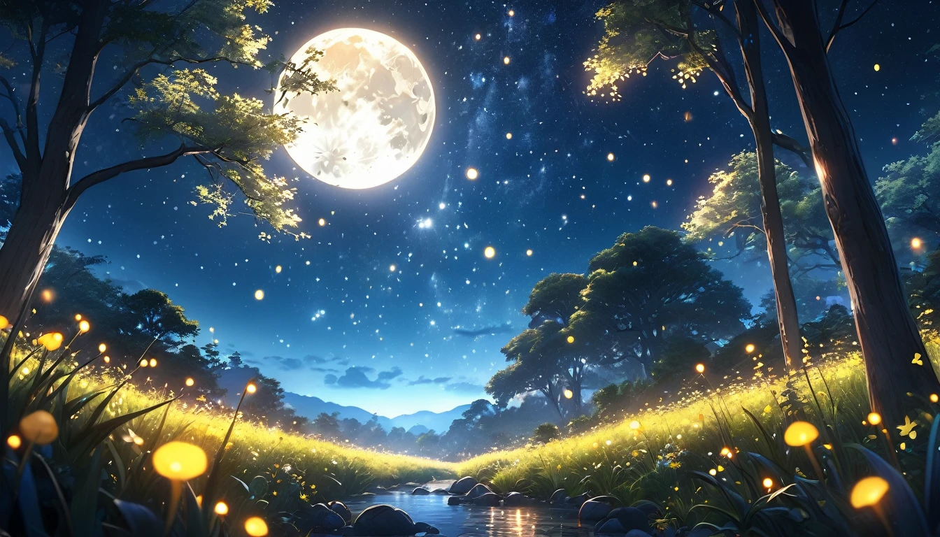 A dreamy, beautiful night landscape, anime style, ethereal, glowing moon, fireflies, sparkling stars, (best quality,4k,8k,highres,masterpiece:1.2),ultra-detailed,(realistic,photorealistic,photo-realistic:1.37),vibrant colors,dramatic lighting,cinematic composition