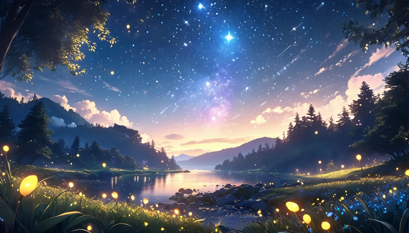 A dreamy, beautiful night landscape, anime style, ethereal, glowing moon, fireflies, sparkling stars, (best quality,4k,8k,highres,masterpiece:1.2),ultra-detailed,(realistic,photorealistic,photo-realistic:1.37),vibrant colors,dramatic lighting,cinematic composition