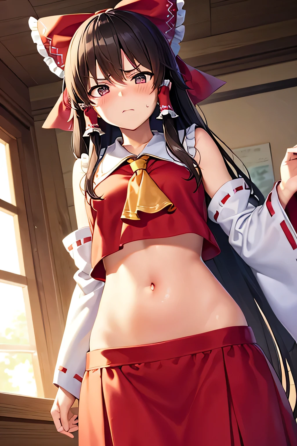 super fine illustration, vibrant colors, masterpiece, sharp focus, best quality, depth of field, cinematic lighting, ultra detailed, blush, annoyed, belly button, navel , tummy, shrine maiden, hakurei reimu, 1girl, hair bow, ascot, hair tubes, detached sleeves, looking down, red shirt, red skirt, very long hair, very messy hair, dark brown hair, indoors, mature woman, ,hakurei reimu, 1girl, hair bow, ascot, hair tubes, miko, detached sleeves,Reimu Hakurei, long skirt, 