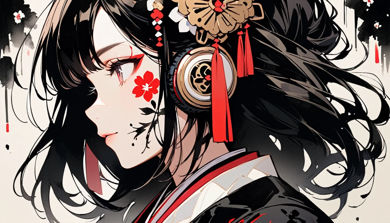 ((Ink Painting)), (((1 girl))), (((Tattoo on face))), (((Gorgeous hair accessories))), Japanese style headphones, face close-up, Japanese beautiful girl, Black Hair, japan