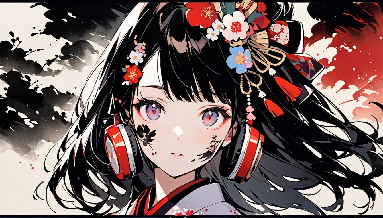 ((Ink Painting)), (((1 girl))), (((Tattoo on face))), (((Gorgeous hair accessories))), Japanese style headphones, face close-up, Japanese beautiful girl, Black Hair, japan