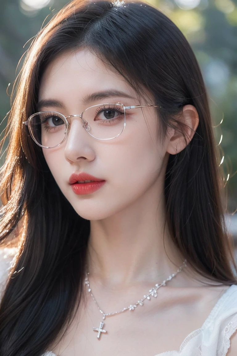 Top CG, Highest image quality, masterpiece, Gentle and beautiful girl, (185cm美女), (fit), Imperial sister, Queen temperament, White skin, Perfect facial features, Bright Eyes, Red lips, Beautiful and cold (A major breakthrough)), Beautiful and heroic, Soft and long hair, shiny, Lace, net, Visible through clear skin, wear glasses, ruby neckLace, (evening dress), 8K Image Quality, (Realistic Portraits), Characters fill the screen, (Facial lighting), ((eternal)