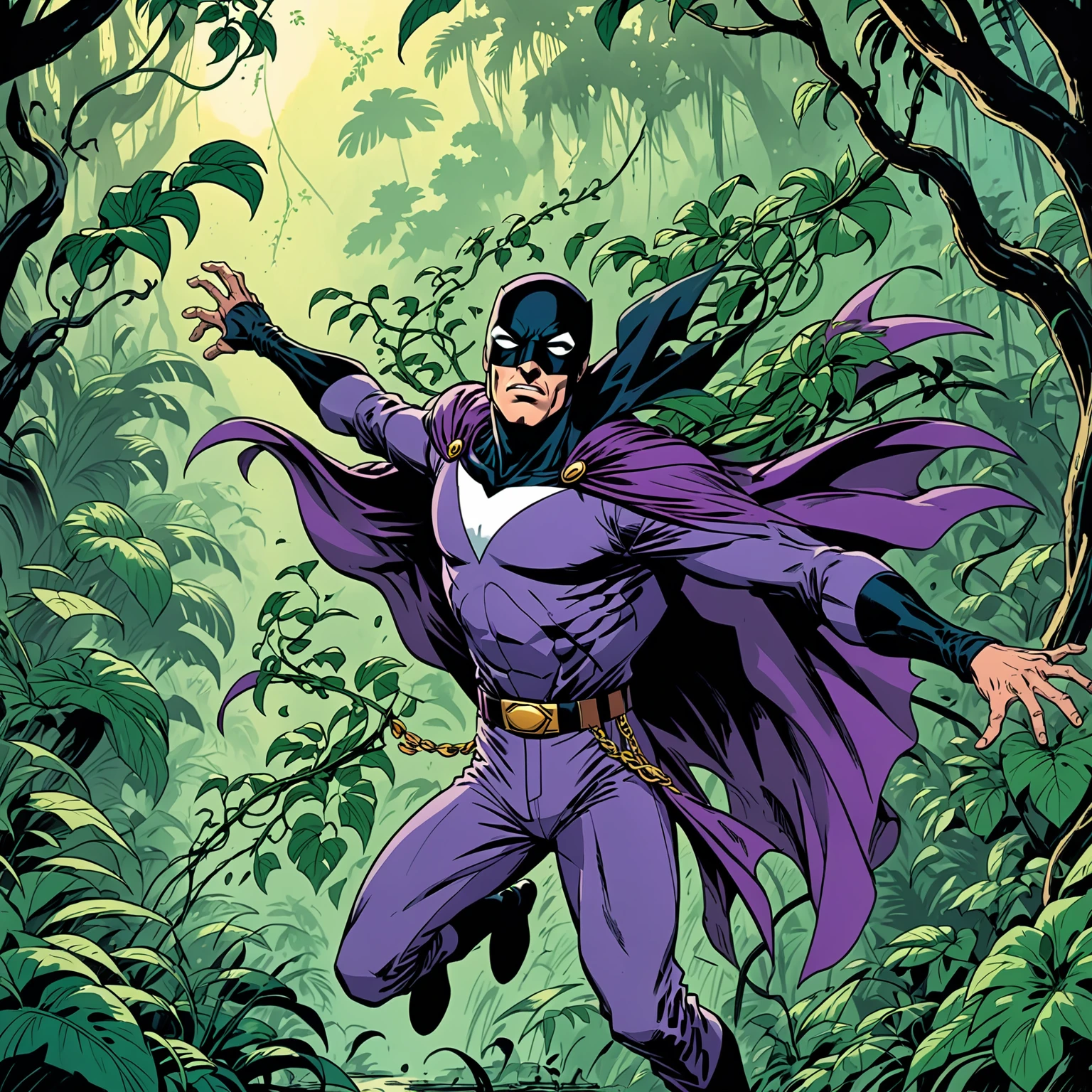 subliminal movement, soaring, caprice, subtle cape fabric flow, punchy, gritty, noir, sean gordon murphy style splash page, action shot, Kit Walker as The Phantom, swinging vine through the jungle, on an adventure, sense of movement, bold lines, expressive, sketch style, 1990s comic, phantom in light purple outfit, lush green foliage jungle coloring, 1990s comic hues, mid movement, candid, cinematic, rich color grading for shading depth, wearing distinct black half eye mask