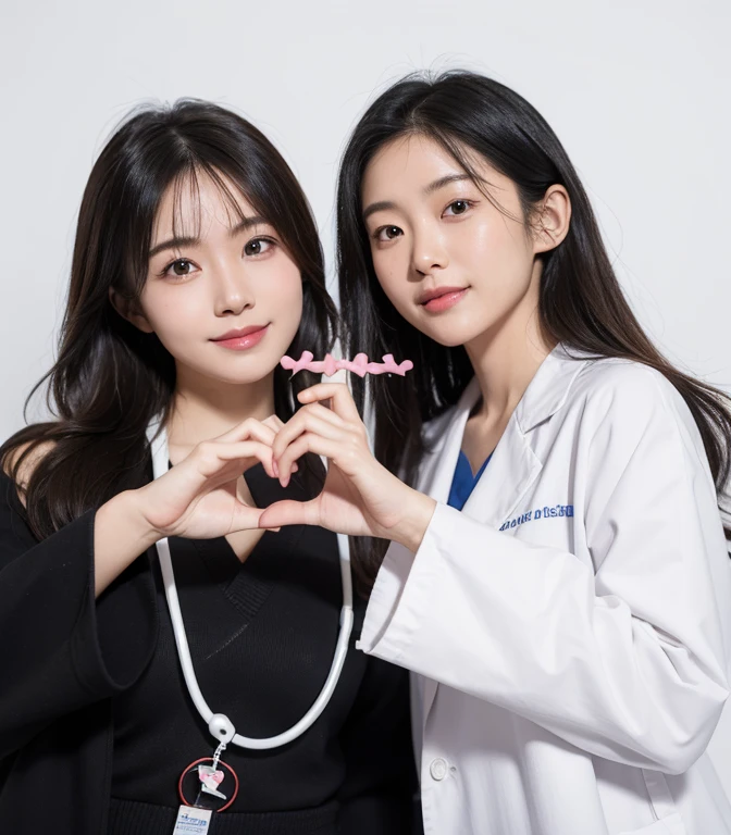 (medium shot), 2girls, (making heart shape with hands), smiling, beautiful Japanese female doctor wearing white labcoat over scrubs, beautiful detailed face, Japanese woman, black hair, pale skin, realistic skin, detailed cloth texture, detailed hair texture, Perfect proportion, Beautiful Face, accurate, Anatomically correct, Highly detailed face and skin texture , looking at viewer , modern hospital building, photorealistic