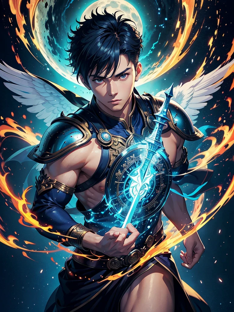 A asian boy like Mighty Archangel Michael, 20-29 years old, handsome, kpop idol actor, many jawline, manly chin, Full Body Shoot, (eyes contact), detailed facial parts, Manly, bare chest, 
Quiff haircut :: high detail, is in highly detailed battle armor, holding a detailed flaming blue sword of golden pearls, detailed fingers, a flaming sacred aura radiating from his body, stylish model pose, moon background, surreal, fantasy, magical, intricate details, depth of field. Best quality, masterpiece, ultra high resolution, (anime realism, photorealistic: 1.4), perfect composition, centered, symmetry