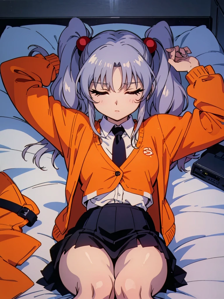 NFSW, (Masterpiece, Top Quality), 1 girl, RH, アニメ, 13-year-old, bedroom with lights out, lying on bed, from above, high definition, Japan, Eyes closed, sleeping, (silver hair), twin tails, medium hair, red hair bobbles, hair ornament, long sleeves, white shirt, necktie, collared shirt, orange jacket, black skirt, 1990s anime style,  Small breasts