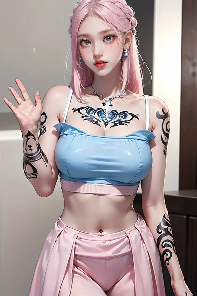 (Chest puffing pose),(Random Hairstyles),(Best image quality,(8k),Ultra-realistic,最high quality, high quality, High resolution, high quality,Attention to detail, White-pink hair, blue eyes, Red dress,(((Tight waist))), ((Large Breasts)),(See through),(((He has many tattoos all over his body)),Browsing Caution