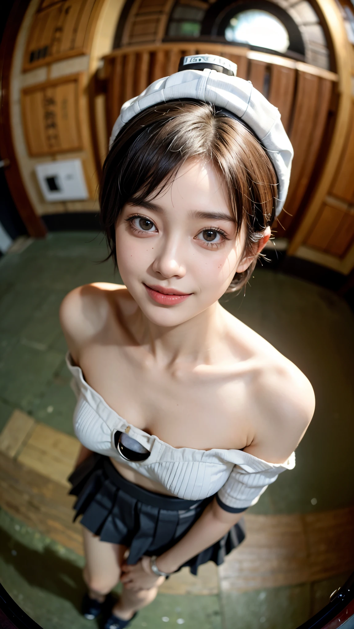 Highest quality, masterpiece, Ultra-high resolution,8k, (Realistic:1.6), (Close-up portrait:1.4) RAW Photos,((Omotesando駅))、 ((Off-the-shoulder pleated mini skirt)),((Nipples seem to be visible)),((Full body photo)),1 person,Omotesando,A slender adult 26-year-old woman,(Full of smiles, )) ,((Pixie cut and NEWERA cap)),((Looking up at the audience)),Face Focus:1.4,((Shooting from above with a fisheye lens:1.4)),