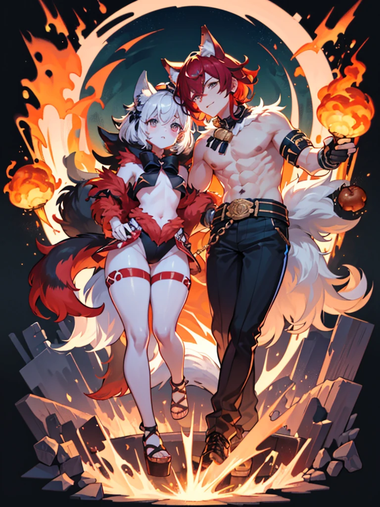 Kolaqi style,dark、Depression,Full of weird elements,Red hair all over, Male wolf,short hair, Bright Eyes,The eyes are gray,With black bow,White belly,The tip of the tail is white,Meatballs Pink,hairy,hairy male ,,Flower charcoal,(Body hair, hairy tail, Red fur)